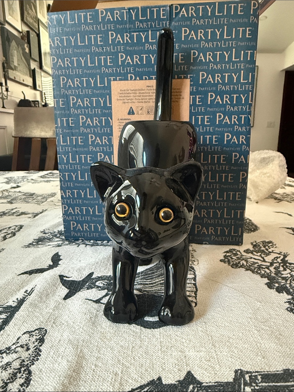 PartyLite Glossy Black Ceramic Cat Figurine with Gold Eyes